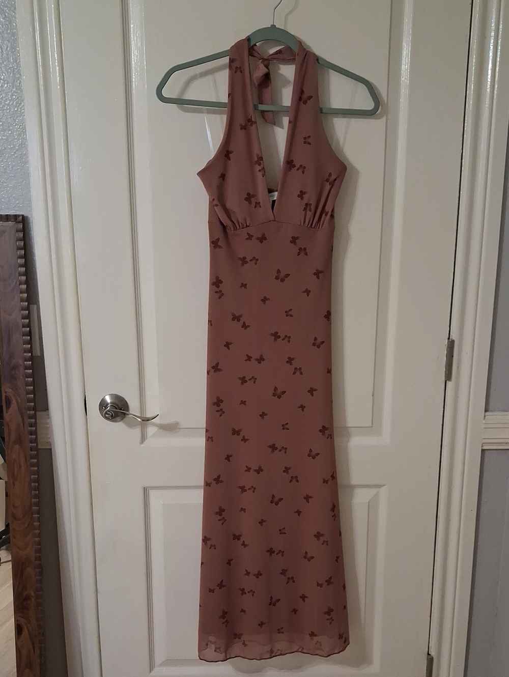 SEE Y♡U M♡NDAY Halter Neck Maxi dress in Dusty Brown Butterfly Print